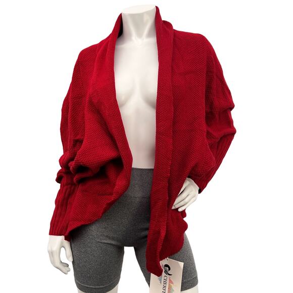 CHERFLY Women's Batwing Sleeve Cardigan Sweater Knit Red Sweater Cardigan Size L - Picture 1 of 8